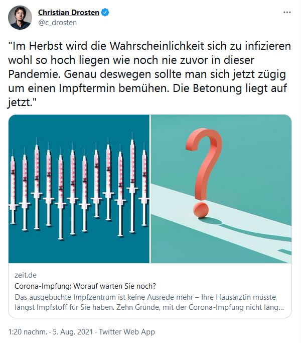Tweet von Prof. Dr. Christian Drosten vom 5. August 2021